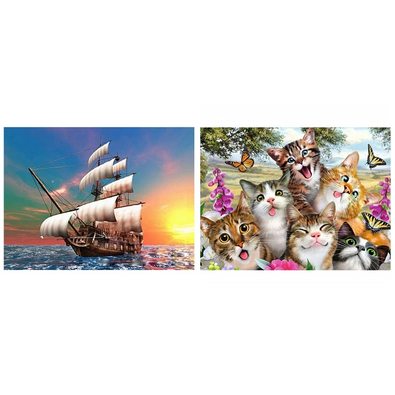 

2 комплекта, 5D алмазная живопись «сделай сам», домашний декор, полная круглая Алмазная вышивка-милая кошка и лодка С закатом