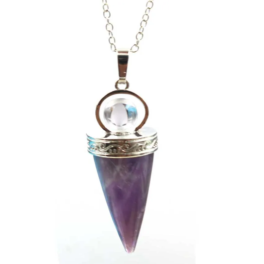 

FYJS Unique Silver Plated Circular Cone Shape Amethysts Stone Pendant with Small Rock Crystal Bead Necklace Geometric Jewelry