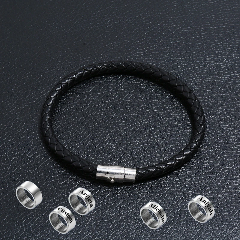 

Custom Name Bracelet For Him With2-5Name Male Jewelry Personalized Men Bracelet Genuine Leather Stainless Steel Bead Family Gift