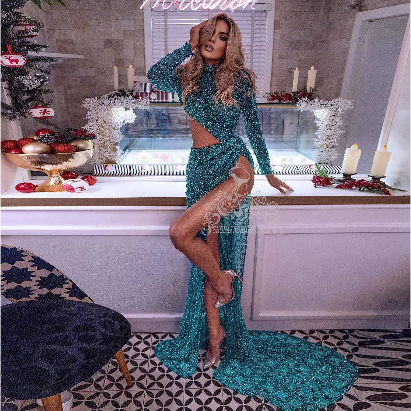 

Sexy Side Split Beading Lace Evening Dress Shiny See Thru Formal Party Dress High Neck Long Sleeves Evening Gowns Robe De Soiree