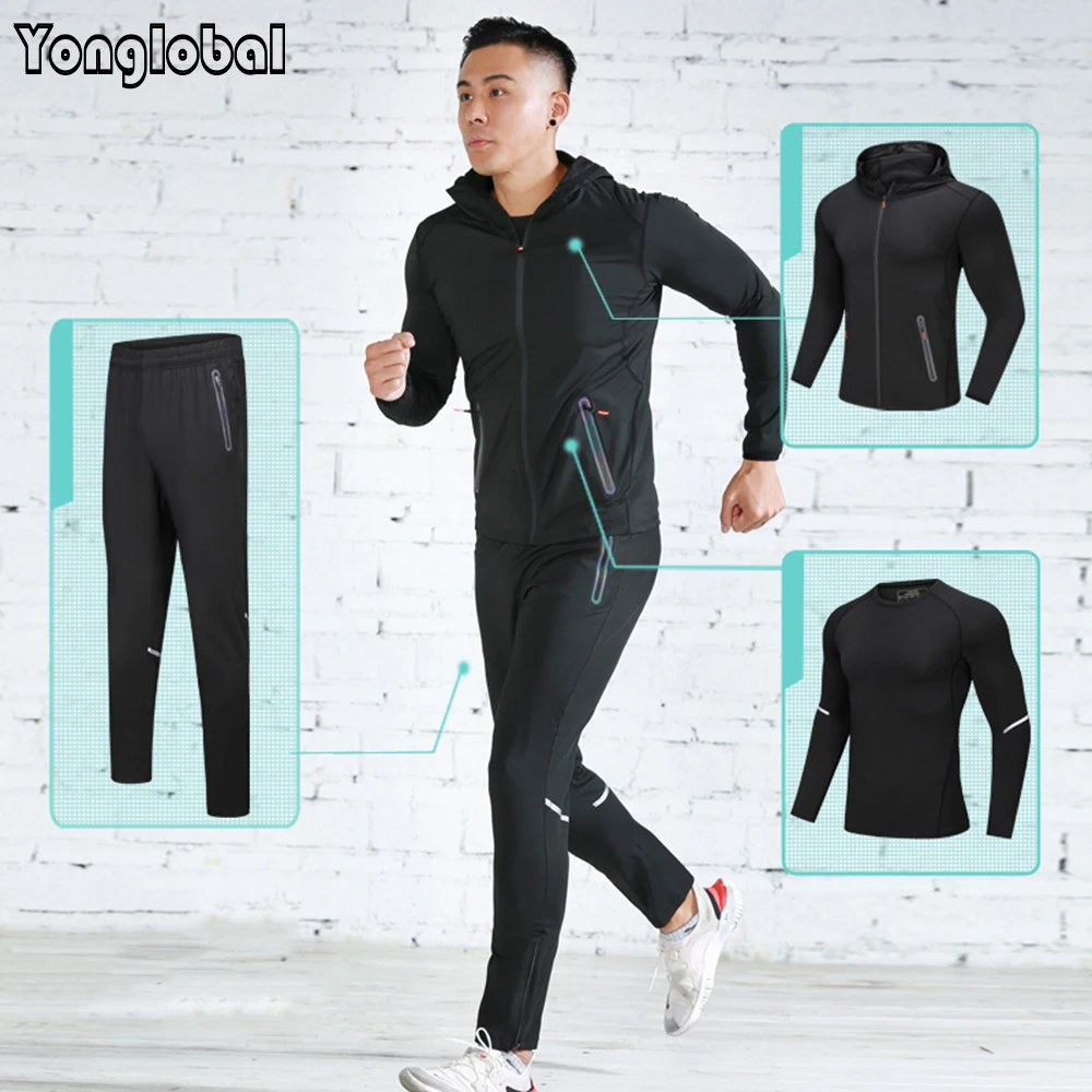 

2021 3 предмета в комплекте, новинка, мужские костюмы с кофтой комплекты для занятий фитнесом Спорт бег одежда тренажерный зал куртки трениров...