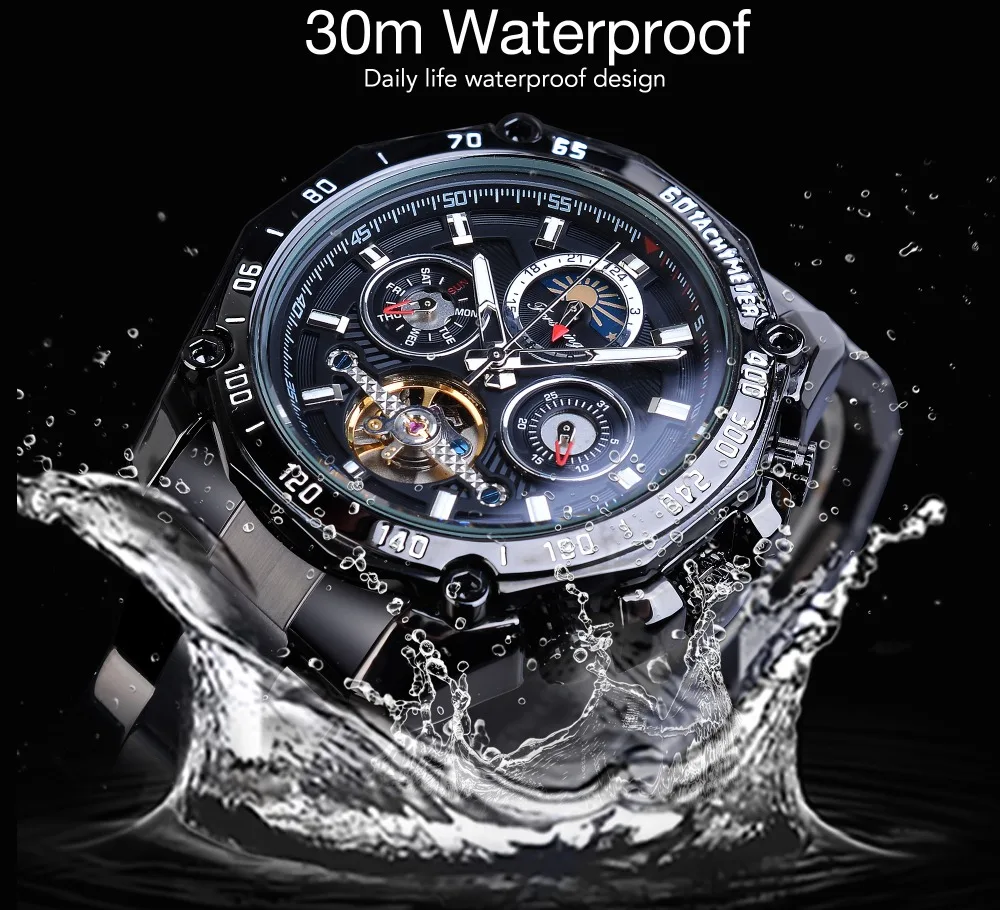 Forsining полностью черные Tourbillon механические часы мужские Moonphase Дата нержавеющая сталь Группа Автоматические наручные часы Erkek Kol Saati