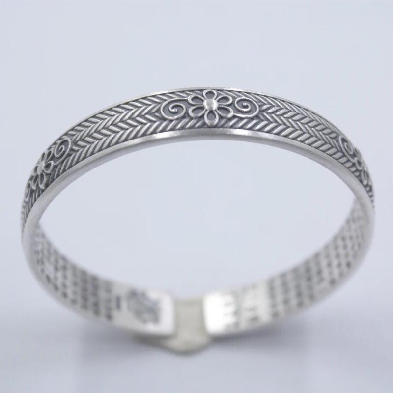 

Pure Solid S999 Fine Silver Bangle Women Luck Wheat Flower Heart Stura Bracelet 37.39g 10mmW 55-60mm Best Gift