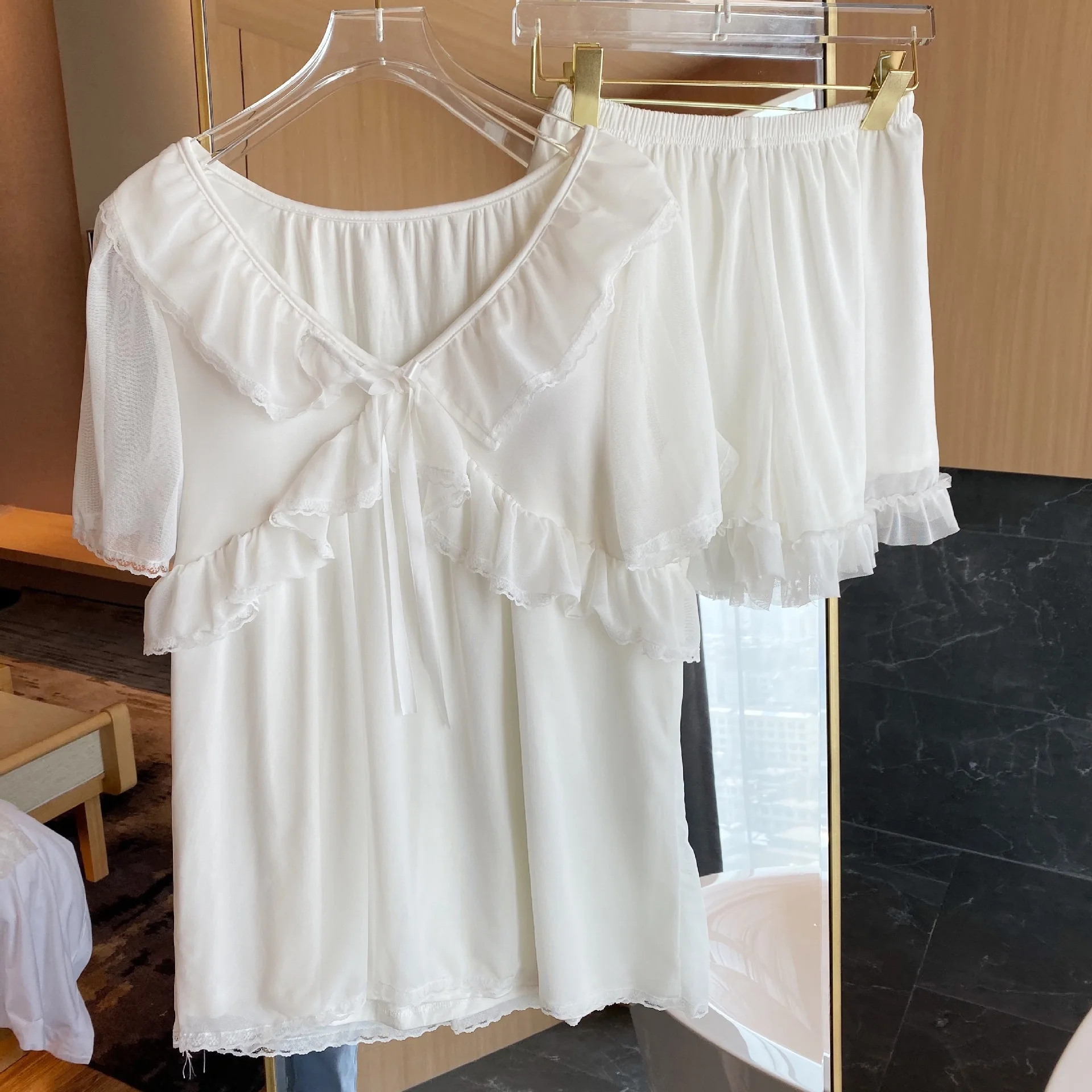 Women's Pajamas Set Summer Ice Ribbon Bra Lovely Pure Cotton Nightwear Princess Style Palace 2Pcs Suit Home Wear Sexy Sleepwear