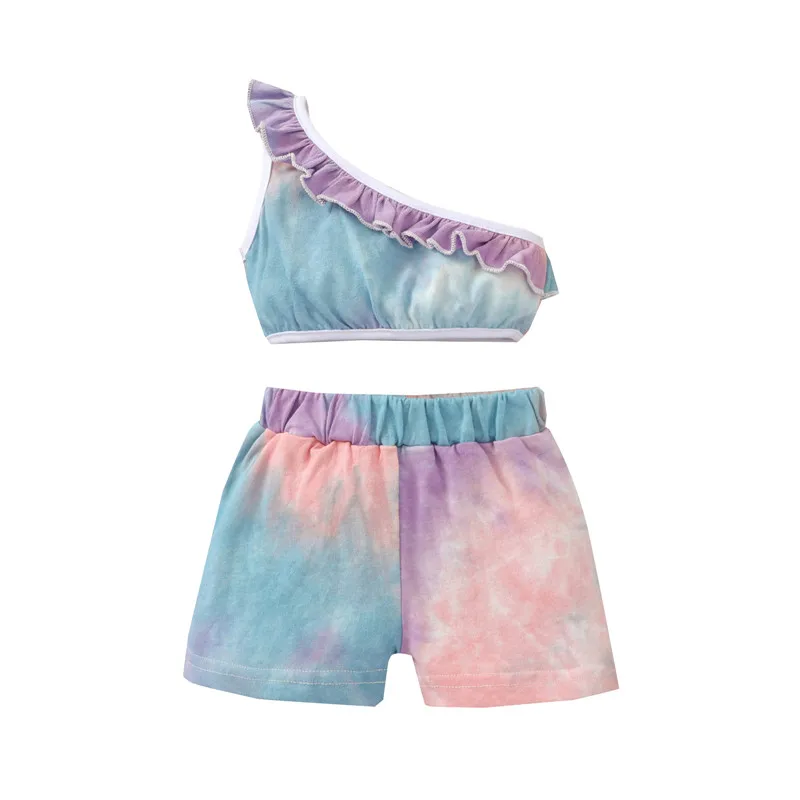 

Baby Girl’s Vest and Shorts Suit Fashion Tie-dye Ruffles One-shoulder Tops and Short Pants