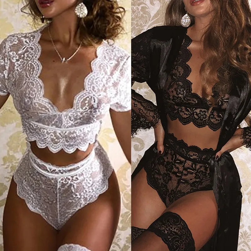 

Women Push Up Seamless Bra Set Embroidery Lace Hollow Out Lingerie Underwear Women Transparent Exotic Set/