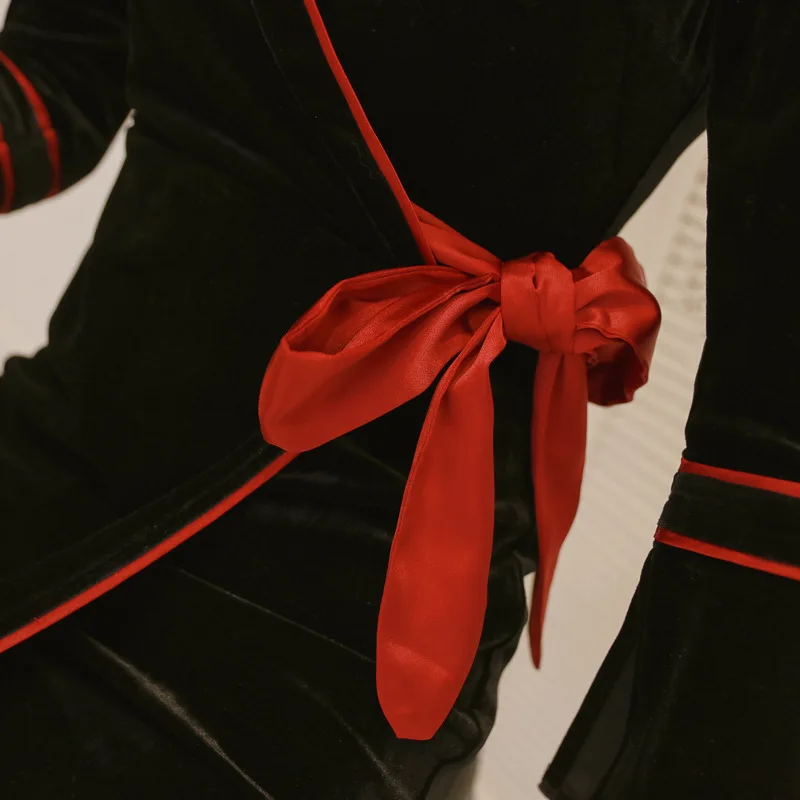 

Spring Sexy Party Club Ladies Dresses Long Sleeve V Neck Bow Elegant Office Dress for Women Vintage Sheath Velvet Dress Vestidos