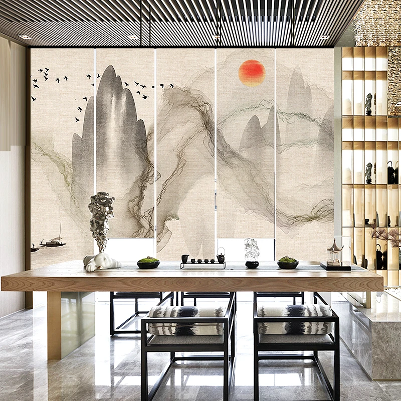 New Chinese style linen roller blind partition curtain soft partition Japanese tea room curtain roll pull-style living room Zen