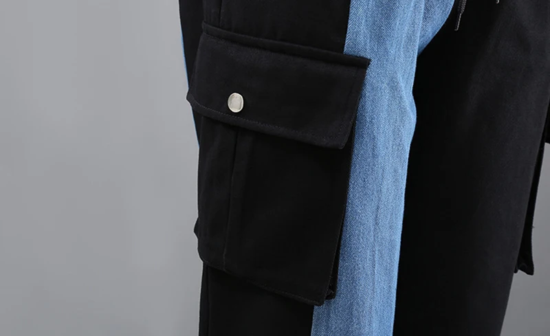 

[EAM] Black Big Pockets Denim Contrast Color High Waist Trousers New Loose Fit Pants Women Fashion Spring Autumn 2021 1DD4204