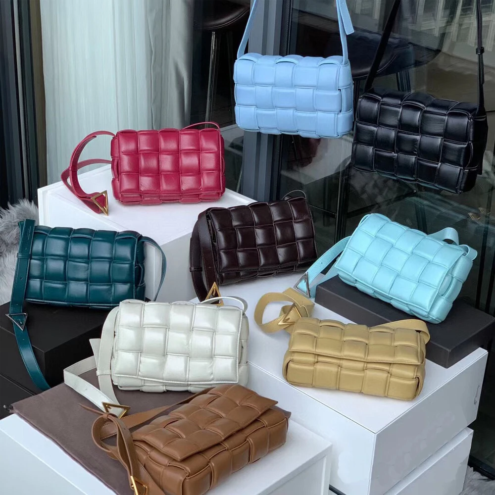 

Top quality Female Handbag Cassette pillow bag Genuine Leather chain weave Crossbody shoulder bag 100% Cowhide Soft lattice bag