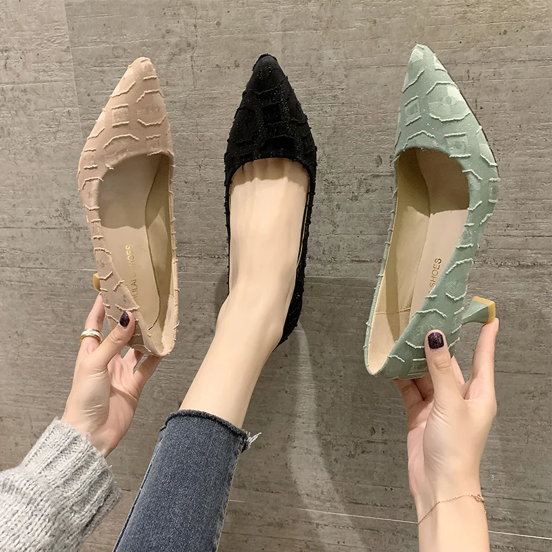 

Spring Autumn Sequined Cloth High Heels Dress Shoes Woman Pointed Toe Pumps Green Boat Shoes Ladies office Work Shoes 7935N