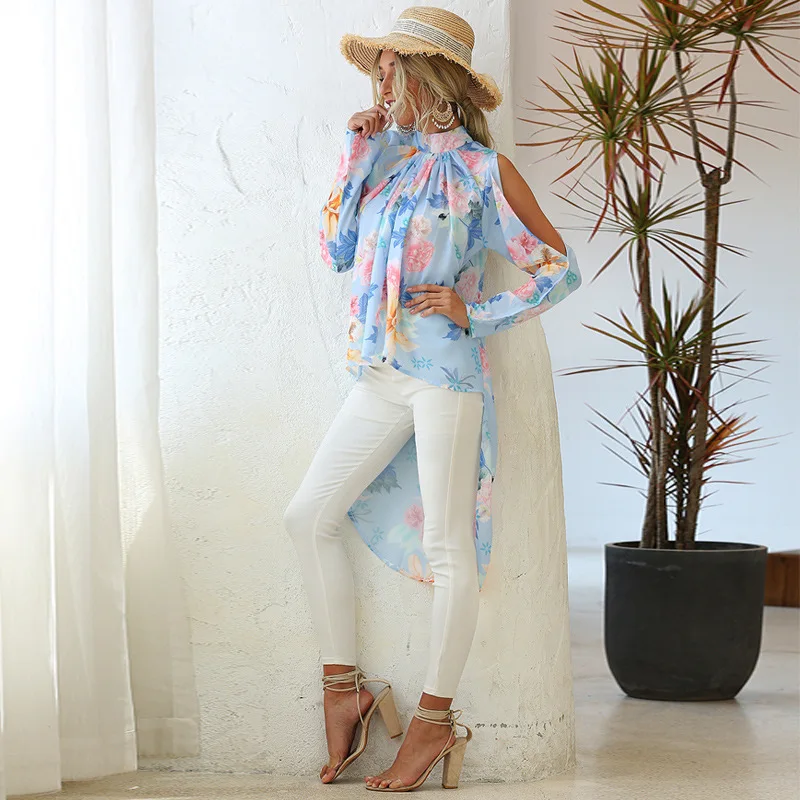 

New Spring and Summer Women's Strapless Floral Print Chiffon Blouse Top Women Asymmetric Long Top Harajuku Women's Top