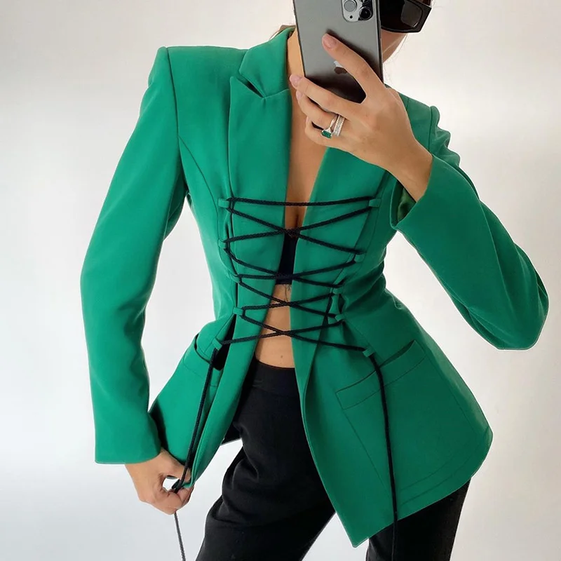 

Jacket Women Blazer 2021 Autumn Winter Criss Cross Lace Up Slim Waist Big Pocket Korean Style Office Ladies Blazers Jackets