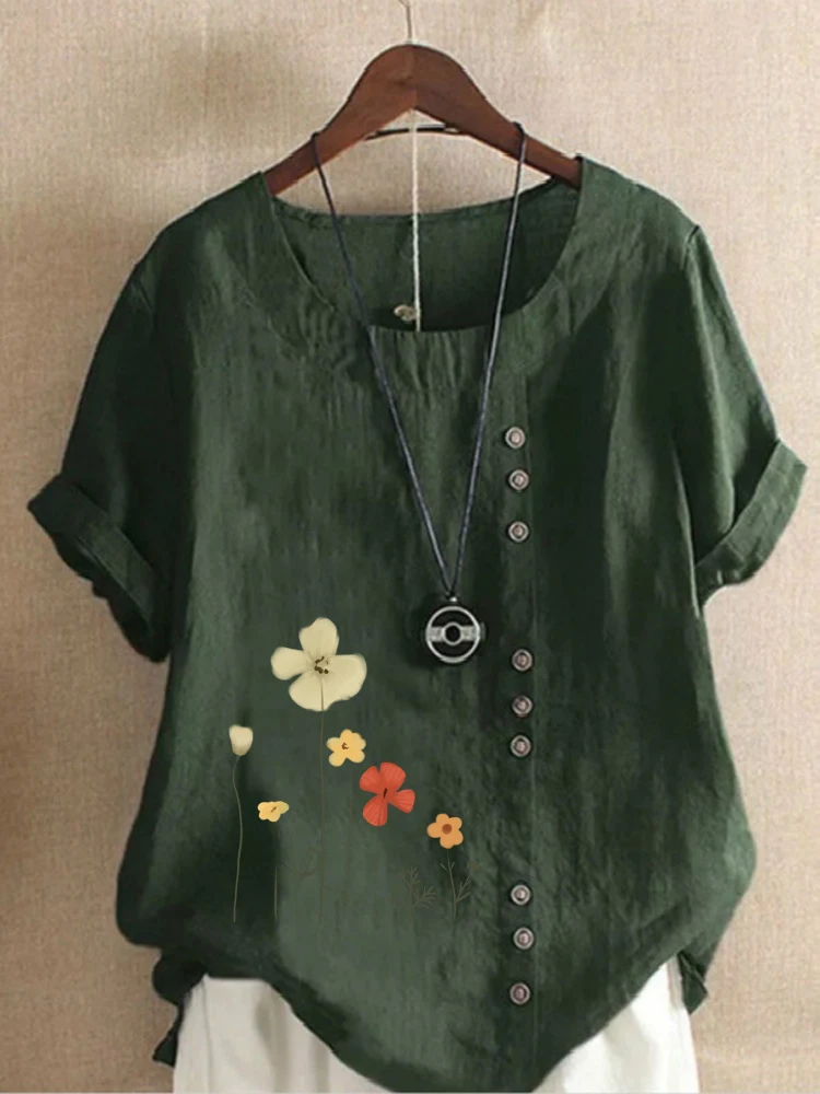 

Women Fashion Summer Casual Print Loose T-shirt Vintage Round Neck Plus Size Cotton linen Short Sleeve Blouse Button Tops S-5XL