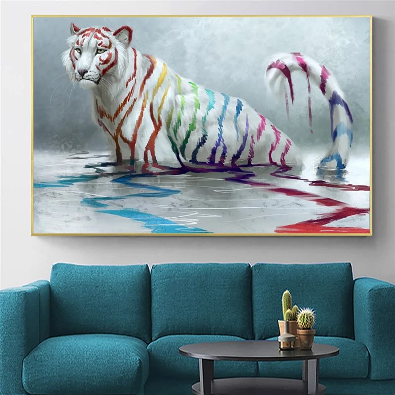 

Abstract White Tiger With Colourful Stripes Nodic Home Decor Oil Painting On Canvas Posters And Prints Wall Art Animal Picture