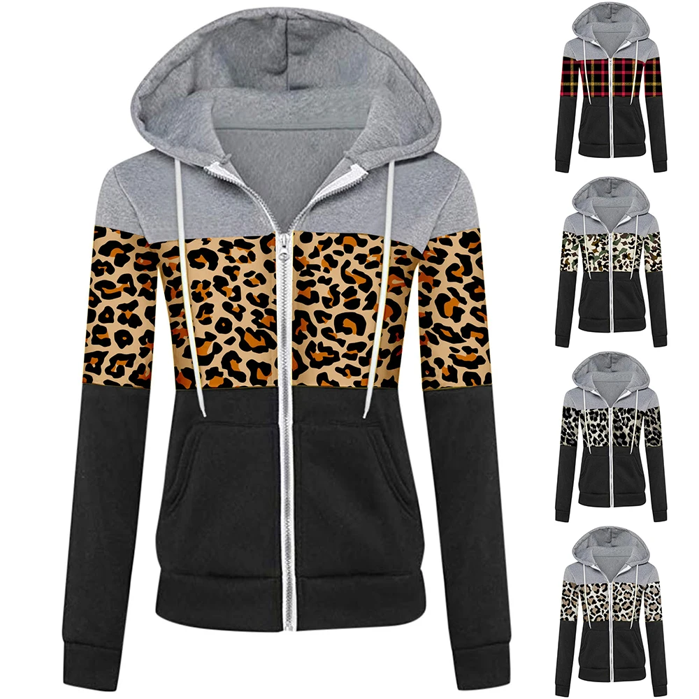 

Vicabo Casual Zipper Womens Leopard Plaid Patchwork Hooded Coat Ladies Long Sleeves Sweatshirts Fashion Outwear