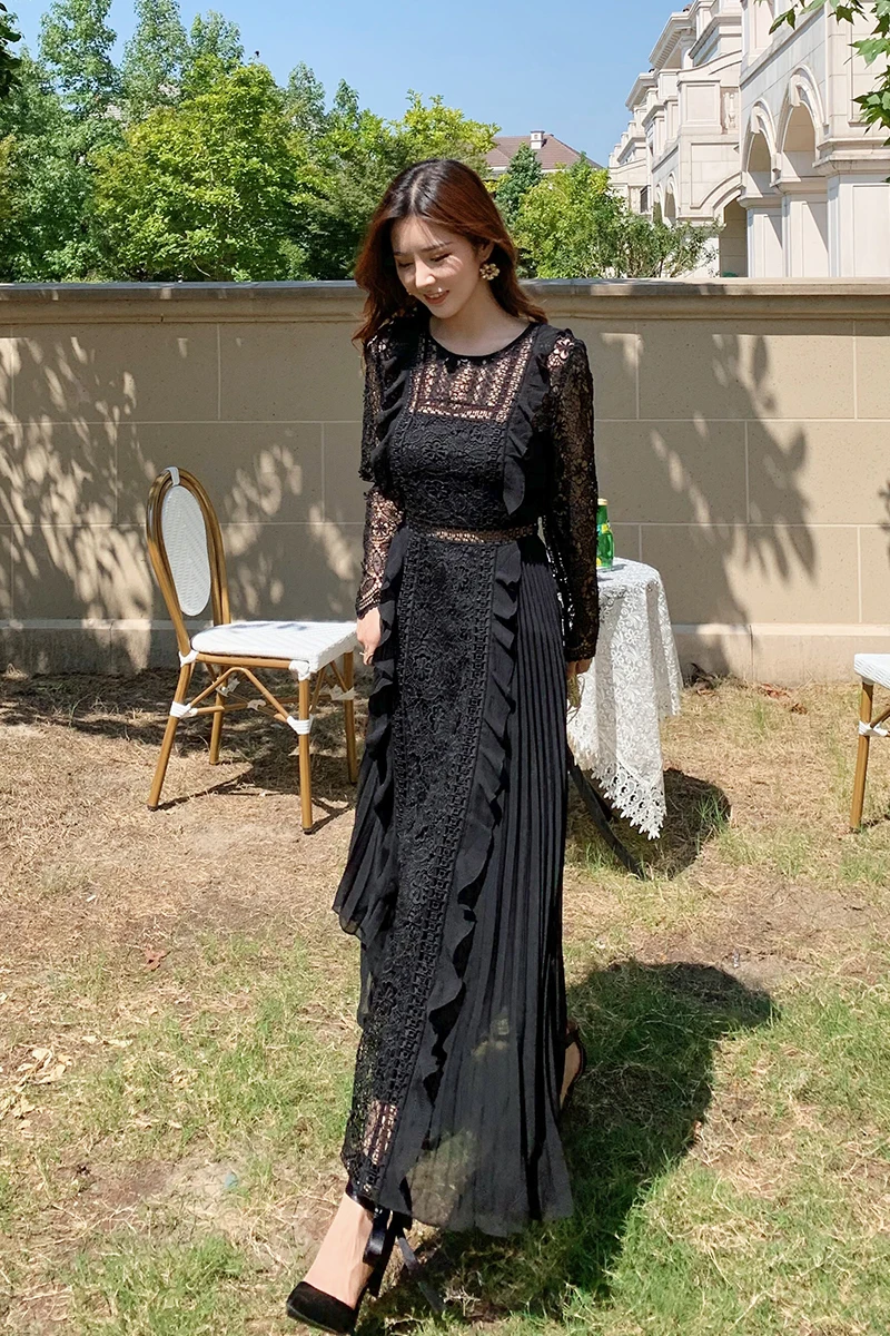 

High-End Lace Stitching Dress Women 2021 Summer High Waist Slimming Long Sleeve Dress Classic Black Hepburn Maxi Evening Dress