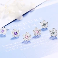 cute romantic cherry blossoms stud earrings for girls colorful zircon stone tiny flower korean female daily earring accessories