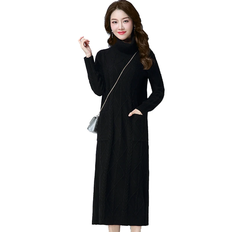

Long Knitted Dresses Woman High Neck Pullover Sweater Plus Velvet Thick Sweater Women NEW Winter Loose Bottoming Sweaters Dress