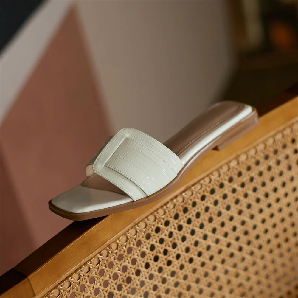 Kanseet Women Shoes 2021 Summer Genuine Leather Slippers Square Toe Casual Comfort Low Heels Green Beige Basic Female Footwear