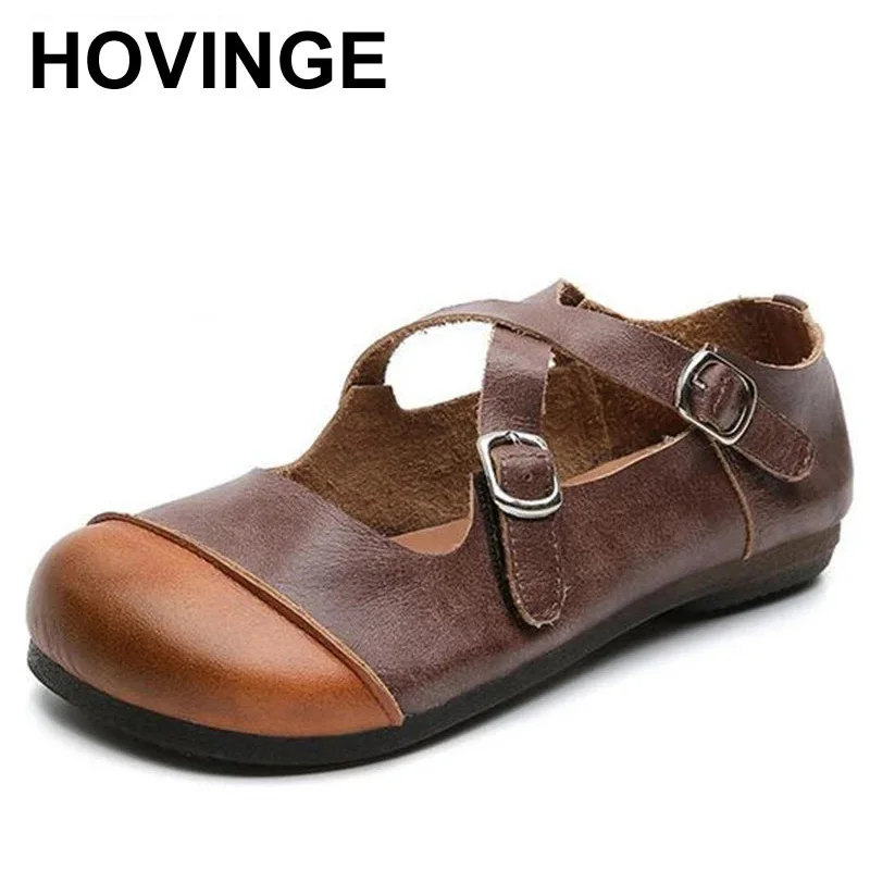 

HOVINGE100% Natural Full Real Leather Shoes Woman Flat Shoes 2021 New Spell Colors Retro Comfort Soft Fashion Casual Shoes Women