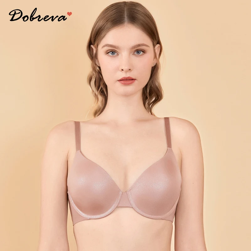 DOBREVA Women's T-shirt Bra Smooth Basic Underwired Plunge Lightly Lined Seamless Demi Bralettes DD E