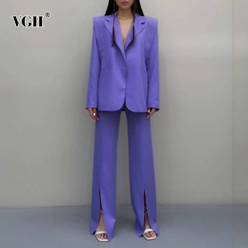 

Женский Повседневный брючный костюм VGH, однотонный костюм из двух предметов, прямой пиджак с отложным воротником и длинным рукавом, свободн...
