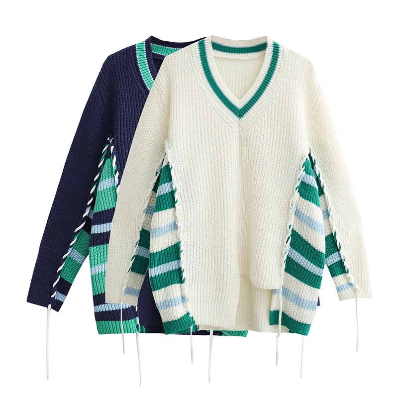 

Loose Casual Knitted Tops Female V-Neck Pullover Sweater Women's Knitwear Dark Blue Striped Jumper Oversized Sweater Streetwear