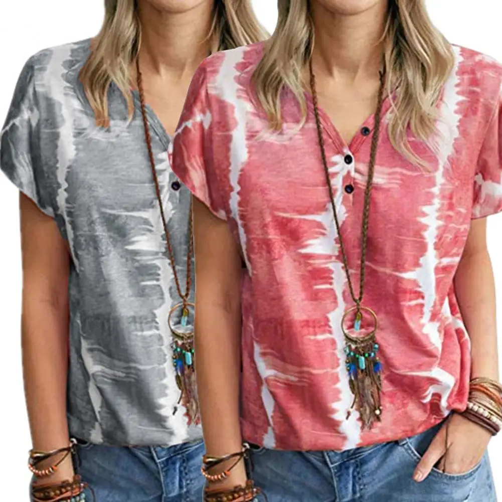 

vintage Women T-shirt V Neck Printed Short Sleeve Buttons Loose Blouse Top for Summer