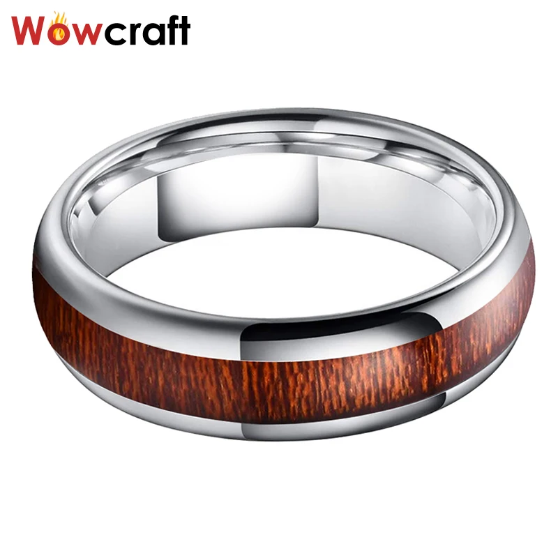 Женские кольца из карбида вольфрама с деревянной инкрустацией 6 мм блестящие и