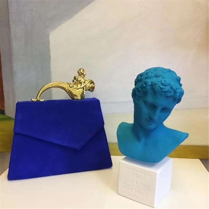 BXX Sac/женская сумка, винтажная, Русалка, металлическая ручка, сумка на плечо, сплошной цвет, для дам, синий бархат, вечерняя сумка ZB349