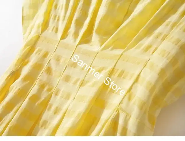 

Spring Summer Women's Dress Light Yellow Slash Neck Plaid High Waist Pleated Casual Dresses New