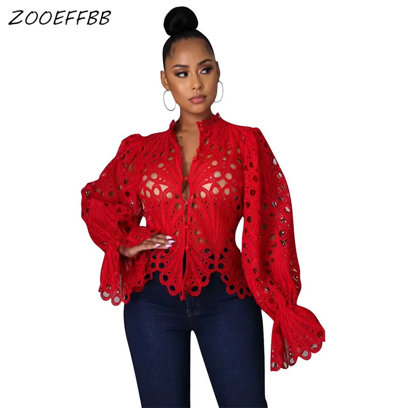 

ZOOEFFB Sexy See Through Hollow Out Button Up Shirt Fall Clothing for Women Long Sleeve Y2k Clothes Club Rave Tops and Blouses