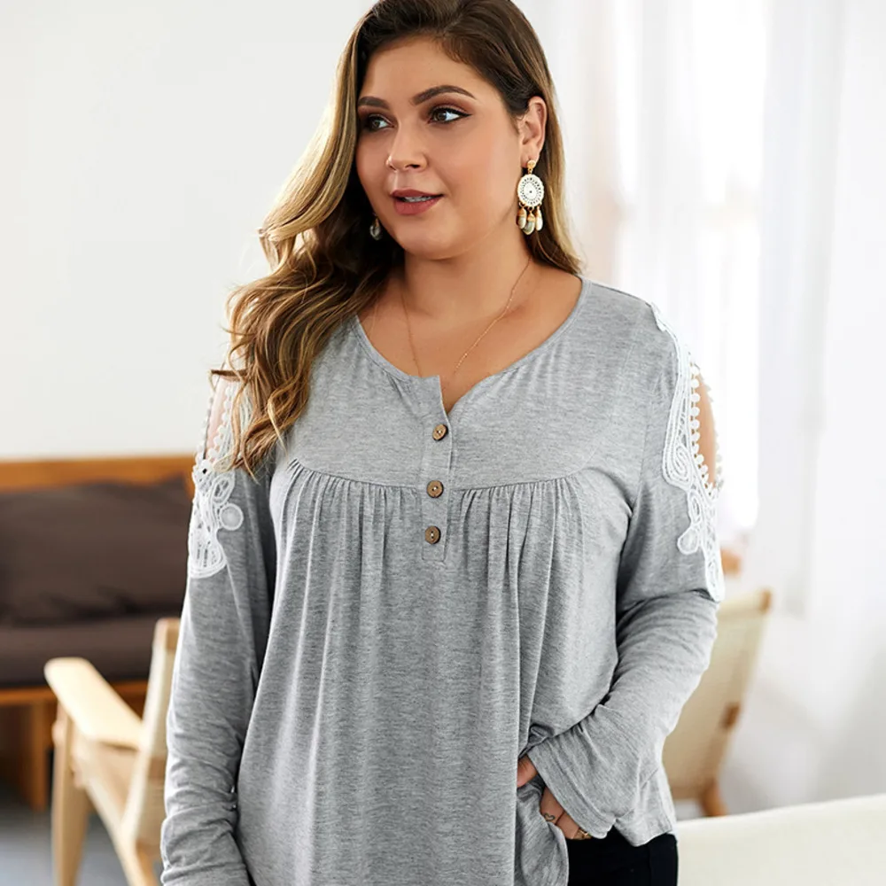 Кружевная Лоскутная футболка женская зимняя свободная с длинным рукавом топ