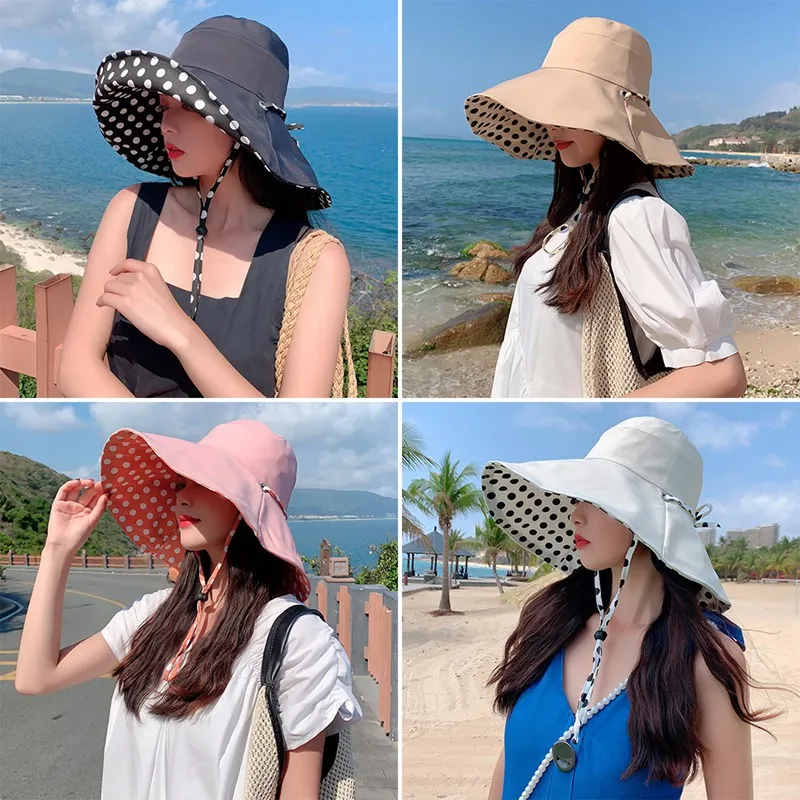 

Summer Female Sun Hats Big Brim Classic Polka Dot Folding Hat Casual Outdoor Beach Cap For Women UV Protection Hat