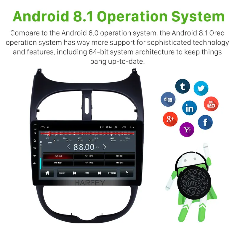 Harfey GPS Автомобильный мультимедийный радио Android 8 1 авто стерео для Peugeot 206 2000 2016 с AUX