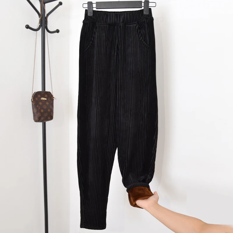 Женские шаровары в полоску вельветовые с высокой талией свободные плотные штаны