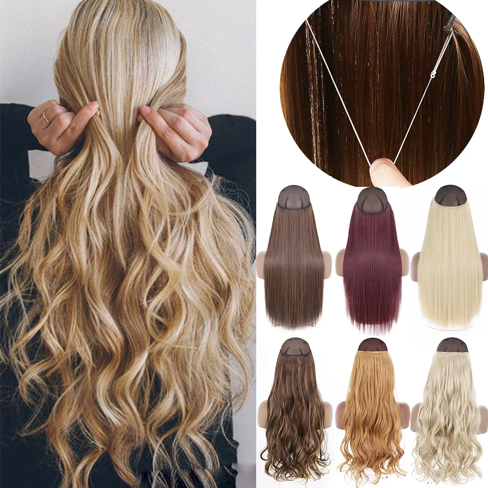 MERISIHAIR Synthetic No Clip Wave Hair Extensions Natural Hidden Secret False Hairpiece One Piece Fish Line Fake Hair Piece