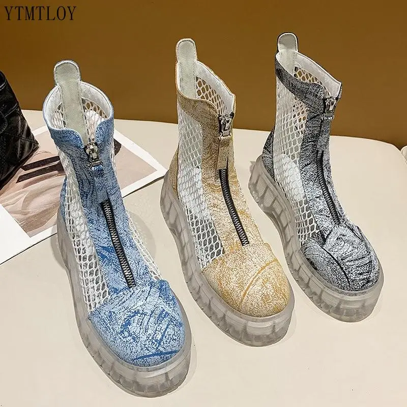 

New Front Zipper Ankle Boots Thick Soled Breathable Mesh Hollow Ytmtloy Round Toe Botas De Mujer Chaussures Femme