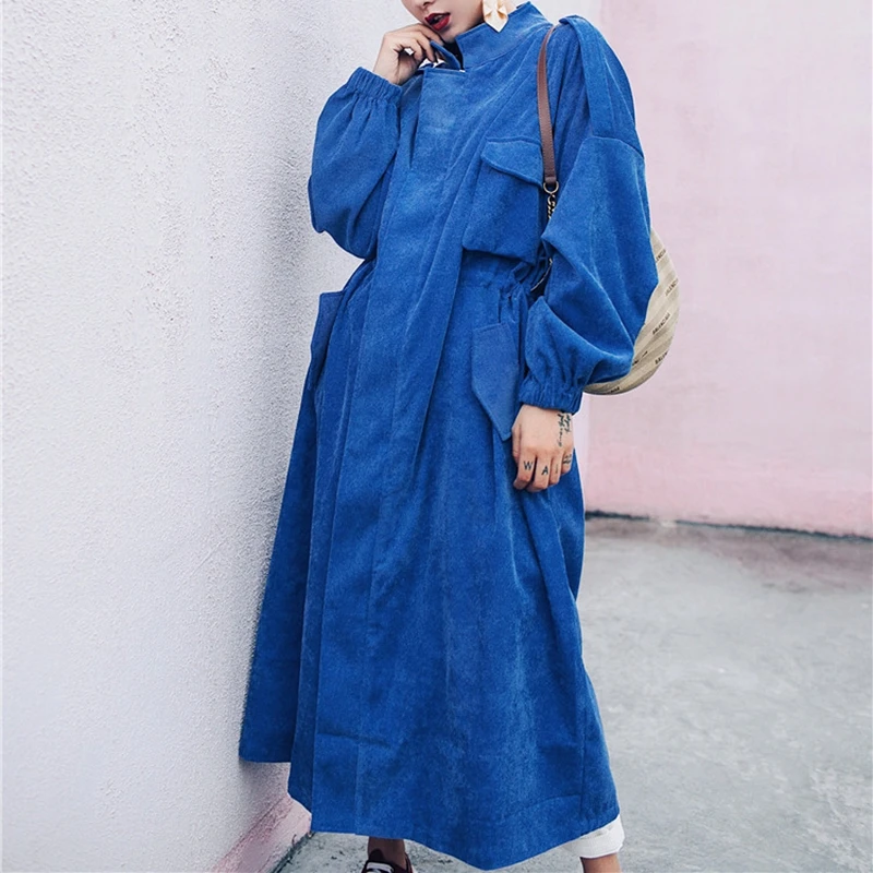 RealShe длинное пальто для женщин стоячий воротник рукав фонарик сплошные пакеты