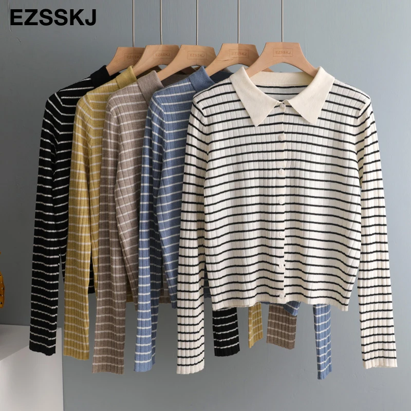 Осенне-весенний Полосатый Тонкий вязаный укороченный свитер пуловеры для женщин