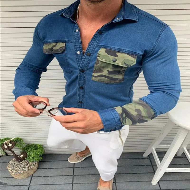 Men Slim Denim Shirt Loose Casual Jacket Stitching Polo Collar Jacket Top Men Camouflage Patchwork Long Sleeve New Male Shirt