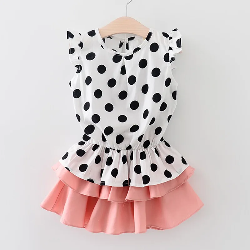 

Детский летний 2021 женский костюм с юбкой в горошек в Корейском стиле для девочек летняя одежда для девочек