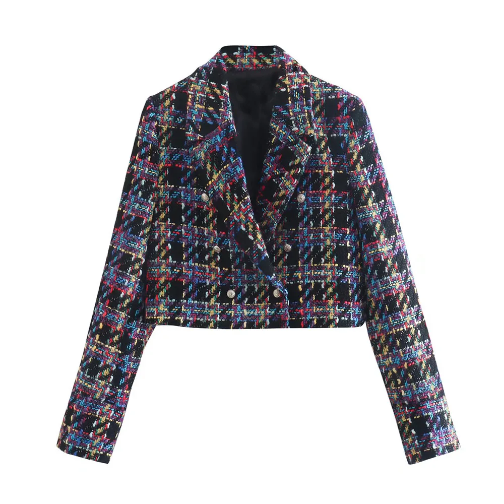 

Women's 2022 Chic New Textured Cropped Blazer Fashion Double Breasted Leisure Retro Long Sleeve Female Tops Jacket