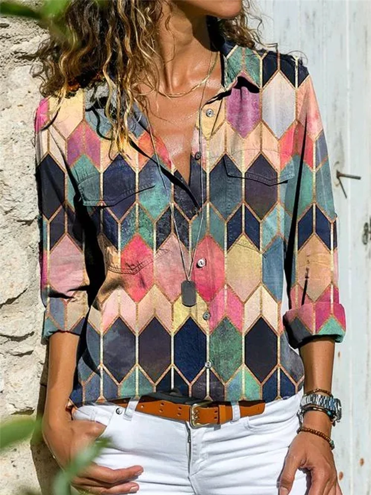 

New Fashion Long Sleeve Ladies Shirt Casual Printed Large Size Shirt Ladies Top