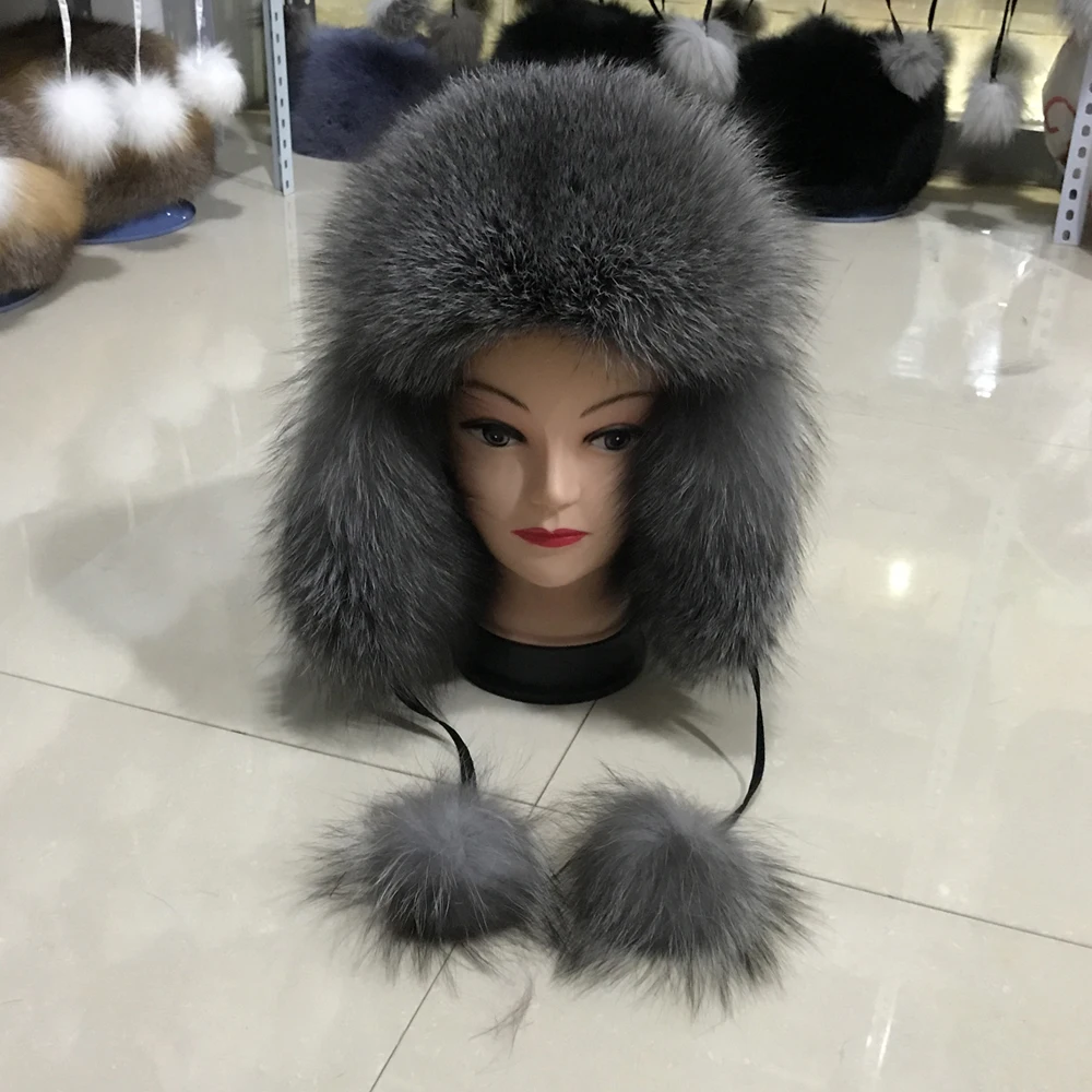 Зимняя теплая шапка бомбер из натурального Лисьего меха женские пушистые шапки