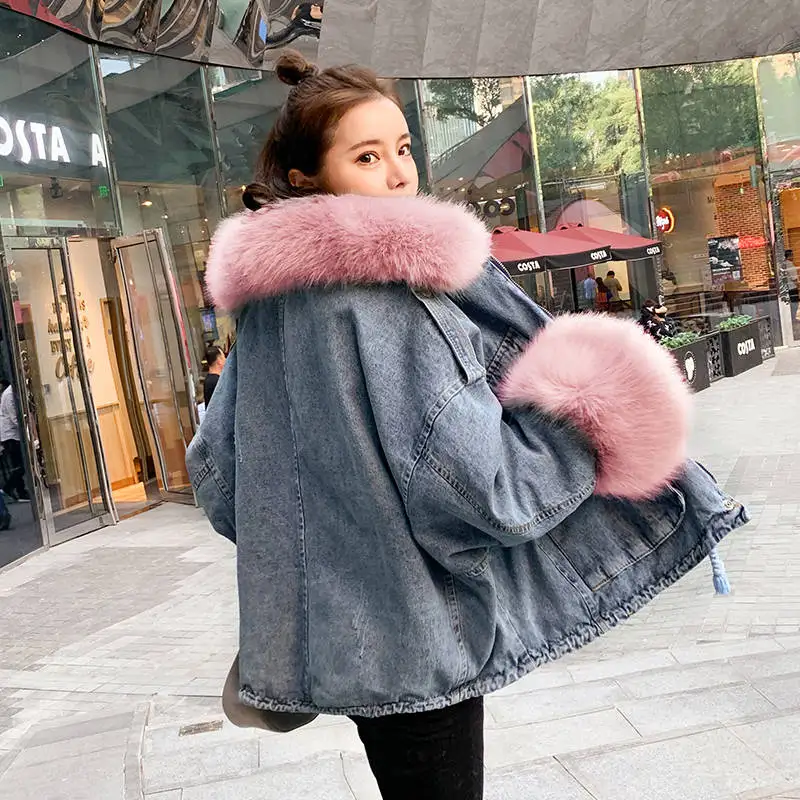 Модная утепленная женская джинсовая куртка в Корейском стиле зима 2020 длинные