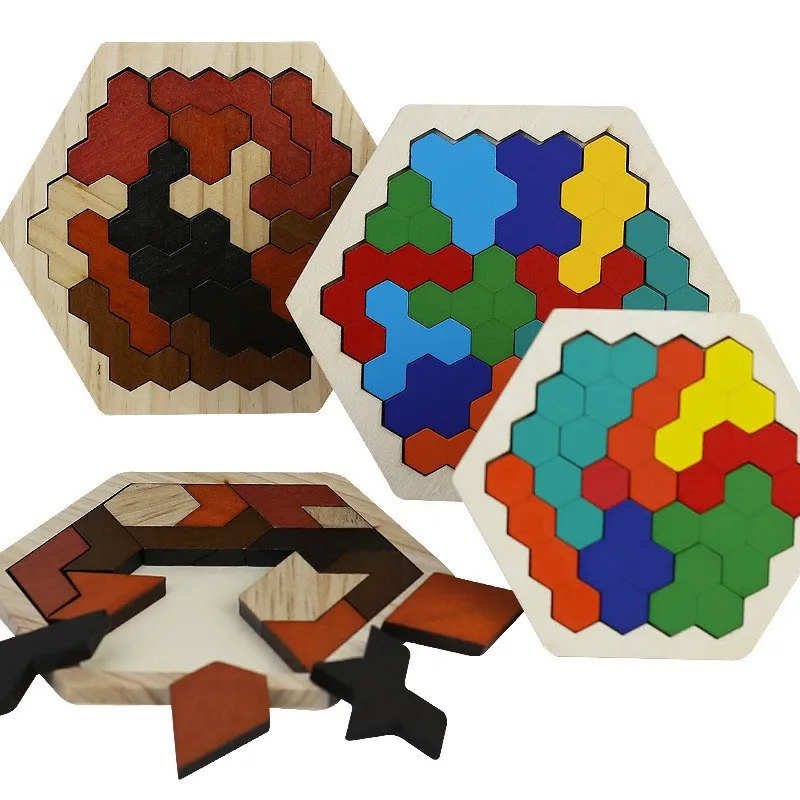

1 Set Children's Wooden Intellectual Toy Honeycomb Hexagon Puzzle Wooden Children's Kindergarten Puzzle Tangram Montessori Toys