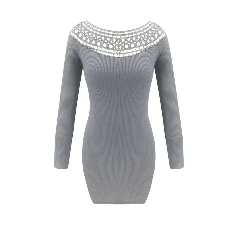 

Women Hollow Lace Bandage Fall Spring Ribbed Knitted Warm Long Sleeve Dresses Sexy Off-shoulder Evening Party Mini Dress