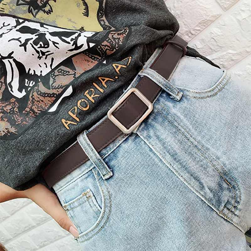 

Luxury brand design new ladies belt without punching square button jeans fashion wild simple student belt PU100 cm long